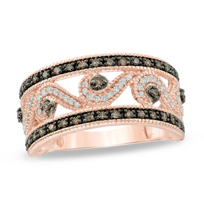 0.33 CT. T.W. Champagne and White Diamond Scroll Ring in 10K Rose Gold