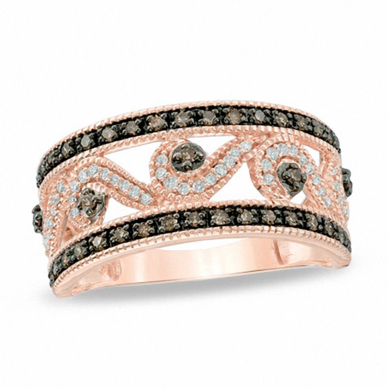 0.33 CT. T.W. Champagne and White Diamond Scroll Ring in 10K Rose Gold