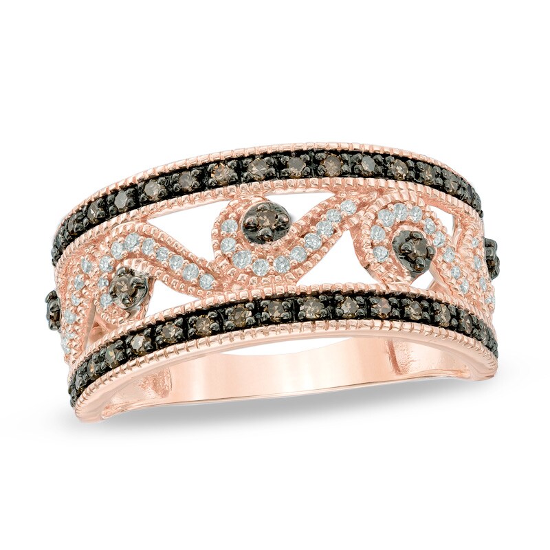 Main Image 1 of 0.33 CT. T.W. Champagne and White Diamond Scroll Ring in 10K Rose Gold