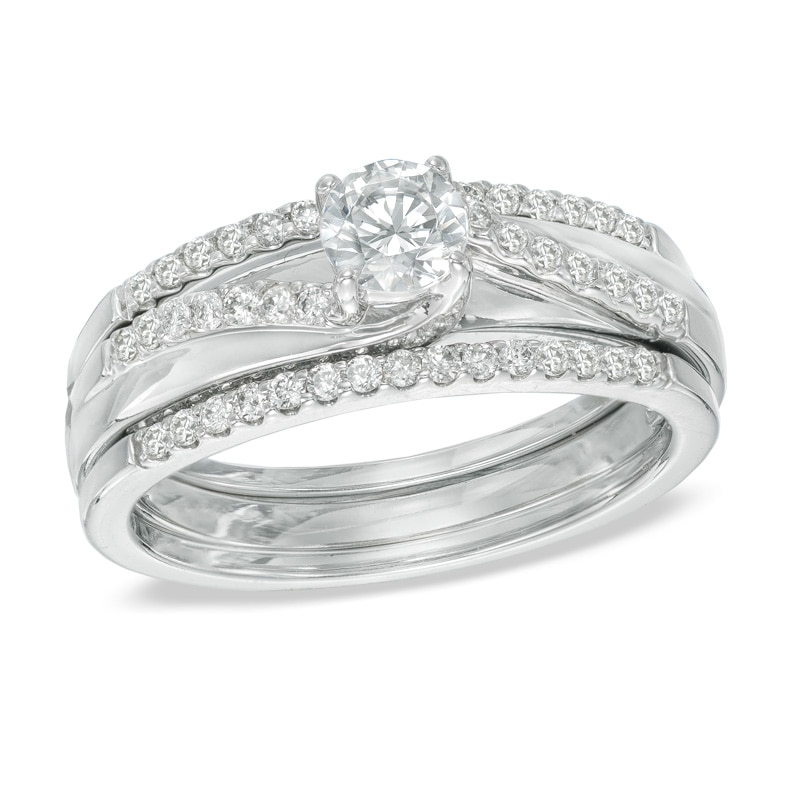 Main Image 1 of 0.75 CT. T.W. Diamond Swirl Three Piece Bridal Set in 14K White Gold