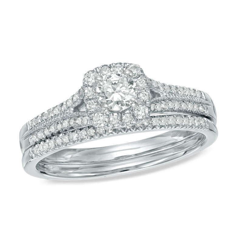 Main Image 1 of 0.45 CT. T.W. Certified Canadian Diamond Frame Bridal Set in 14K White Gold (I/I2)