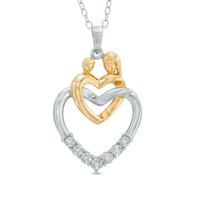 Diamond Accent Motherly Love Double Heart Pendant in Sterling Silver and 14K Gold Plate