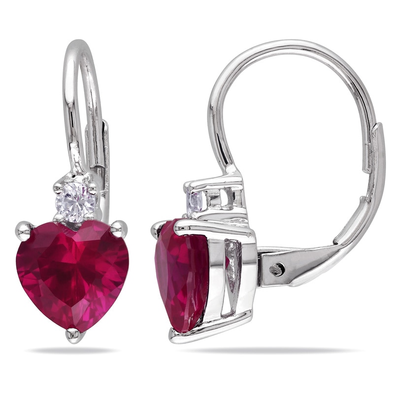 Main Image 1 of 7.0mm Heart-Shaped Lab-Created Ruby and White Lab-Created Sapphire Drop Earrings in Sterling Silver