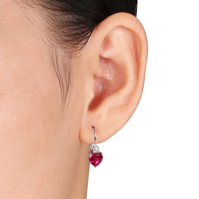 Main Image 3 of 7.0mm Heart-Shaped Lab-Created Ruby and White Lab-Created Sapphire Drop Earrings in Sterling Silver