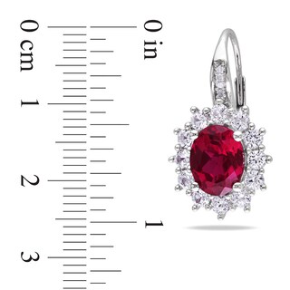Oval Lab-Created Ruby, White Lab-Created Sapphire and 0.04 CT. T.W. Diamond Frame Drop Earrings in Sterling Silver