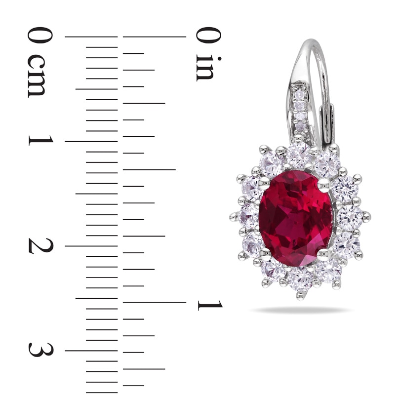 Main Image 2 of Oval Lab-Created Ruby, White Lab-Created Sapphire and 0.04 CT. T.W. Diamond Frame Drop Earrings in Sterling Silver