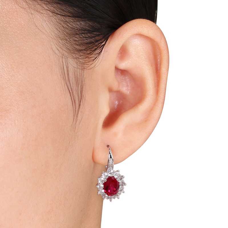 Main Image 3 of Oval Lab-Created Ruby, White Lab-Created Sapphire and 0.04 CT. T.W. Diamond Frame Drop Earrings in Sterling Silver
