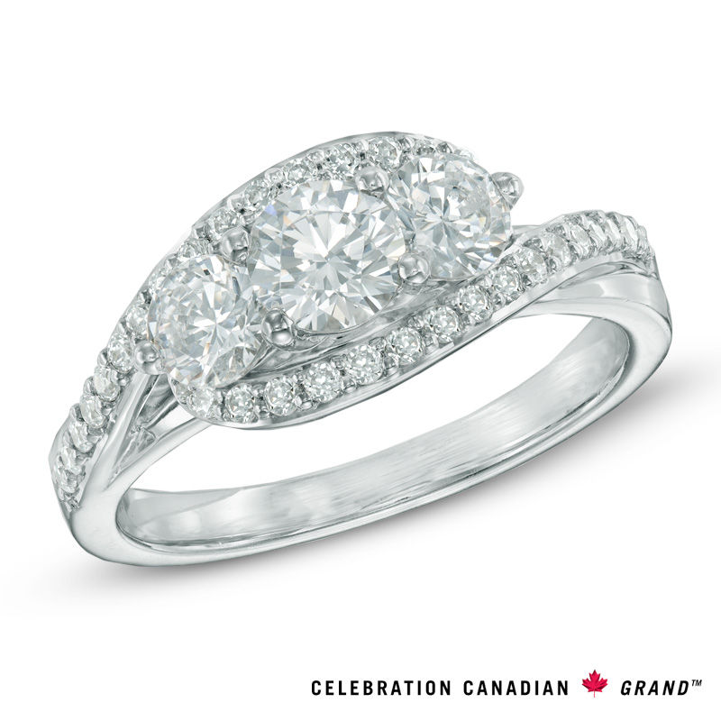 Celebration Canadian Ideal 1.20 CT. T.W. Diamond Three Stone Bypass Ring in 14K White Gold (I/I1)