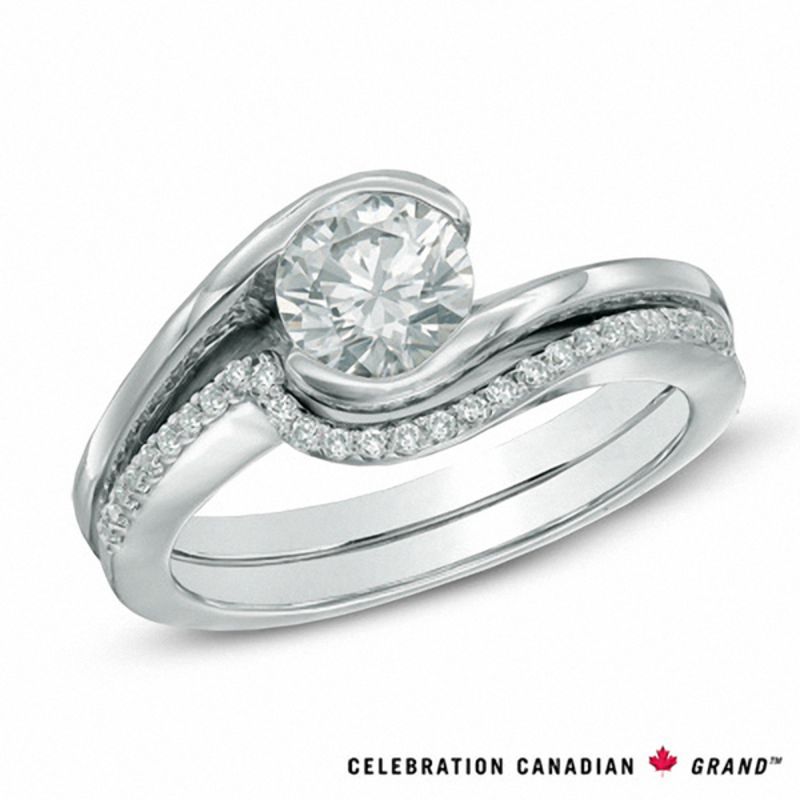 Main Image 1 of Celebration Canadian Ideal 0.85 CT. T.W. Certified Diamond Swirl Bridal Set in 14K White Gold (I/I1)