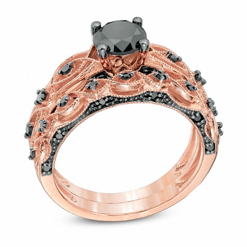 Main Image 2 of 1.39 CT. T.W. Black Vintage-Style Bridal Set in 10K Rose Gold