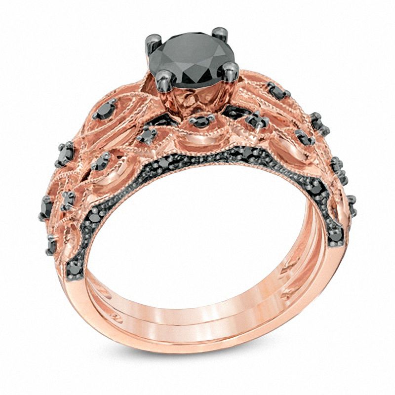 1.39 CT. T.W. Black Vintage-Style Bridal Set in 10K Rose Gold