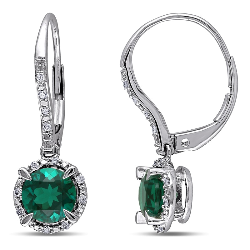 6.0mm Lab-Created Emerald and 0.09 CT. T.W. Diamond Frame Drop Earrings in 10K White Gold