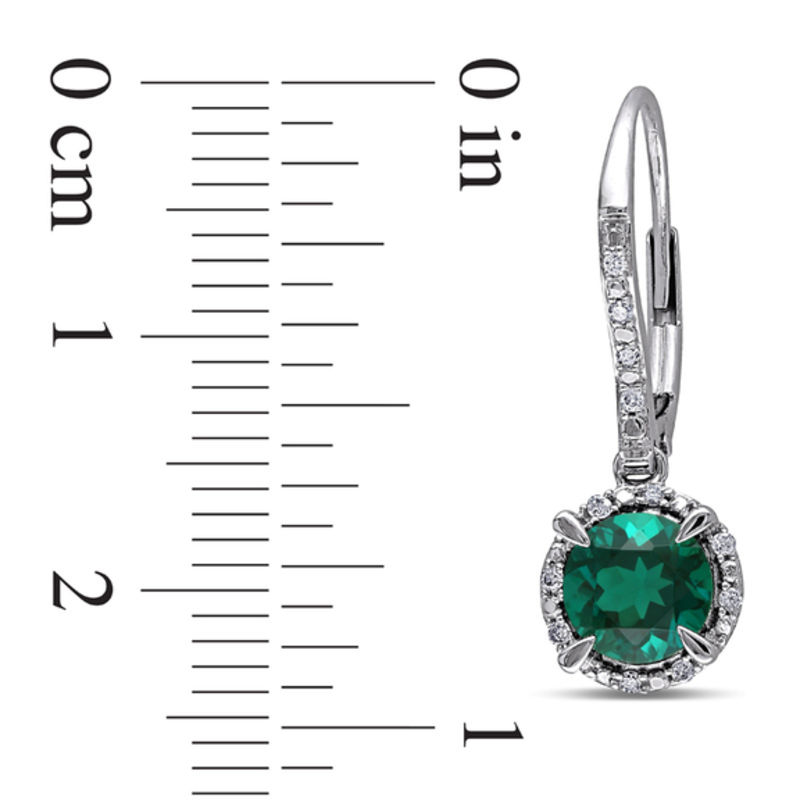 Main Image 2 of 6.0mm Lab-Created Emerald and 0.09 CT. T.W. Diamond Frame Drop Earrings in 10K White Gold