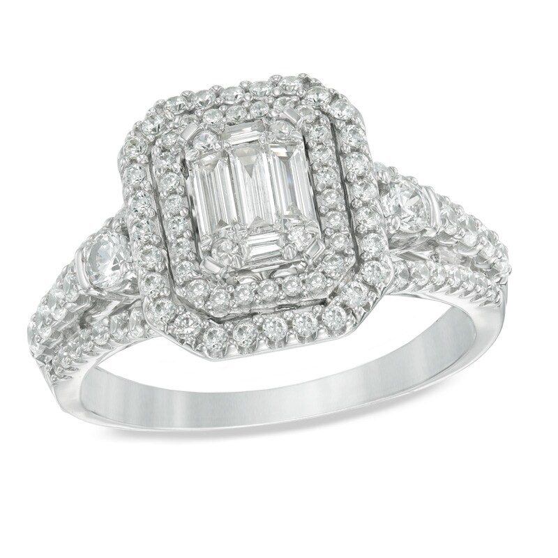 Main Image 1 of 1.00 CT. T.W. Multi-Baguette Diamond Double Frame Engagement Ring in 14K White Gold