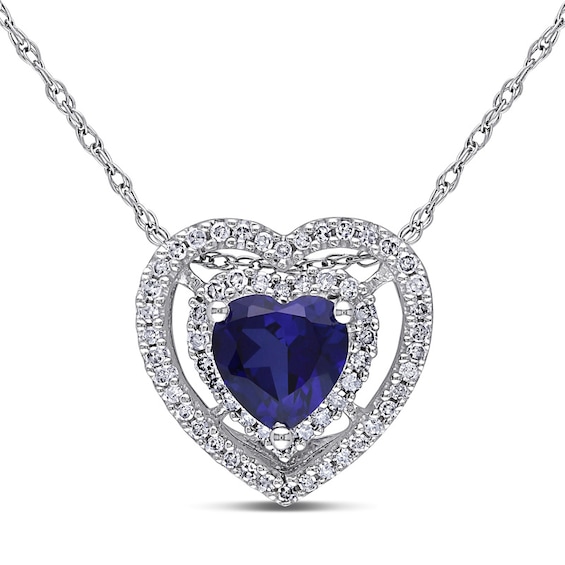 6.0mm Heart-Shaped Lab-Created Blue Sapphire and 0.20 CT. T.W. Diamond Double Frame Pendant in 10K White Gold - 17"