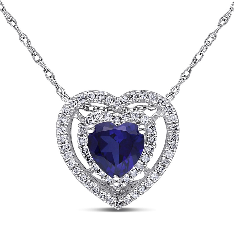 6.0mm Heart-Shaped Lab-Created Blue Sapphire and 0.20 CT. T.W. Diamond Double Frame Pendant in 10K White Gold - 17"