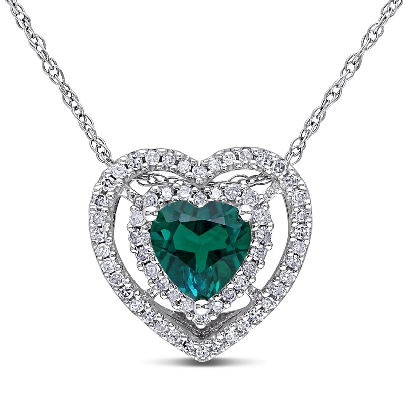 6.0mm Heart-Shaped Lab-Created Emerald and 0.20 CT. T.W. Diamond Double Frame Pendant in 10K White Gold - 17"