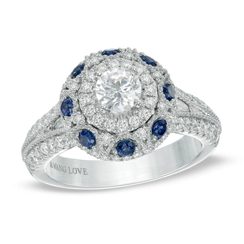 Vera Wang Love Collection 1.17 CT. T.W. Diamond and Blue Sapphire Frame Ring in 14K White Gold