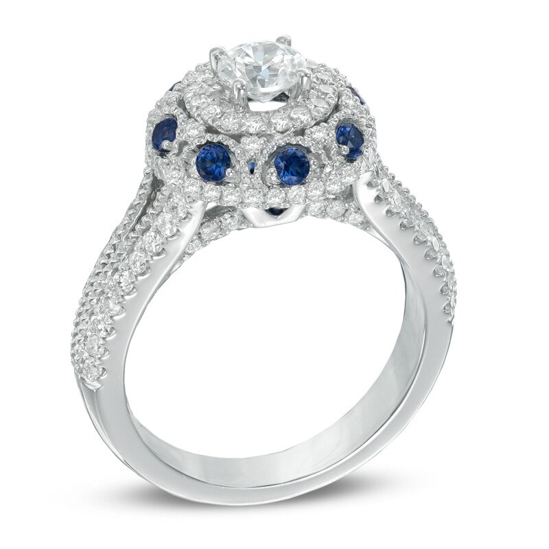 Vera Wang Love Collection 1.17 CT. T.W. Diamond and Blue Sapphire Frame Ring in 14K White Gold