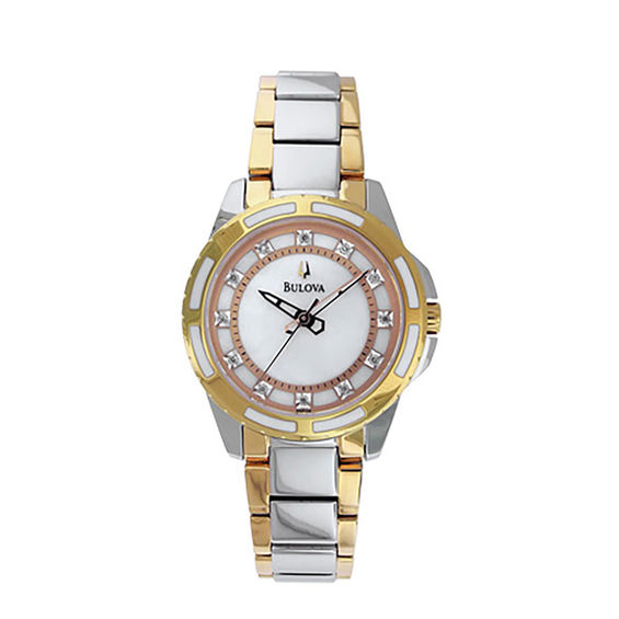 Ladies Bulova Two Tone Diamond Accent Watch with Mother of Pearl Dial Model 98P134 Peoples Jewellers