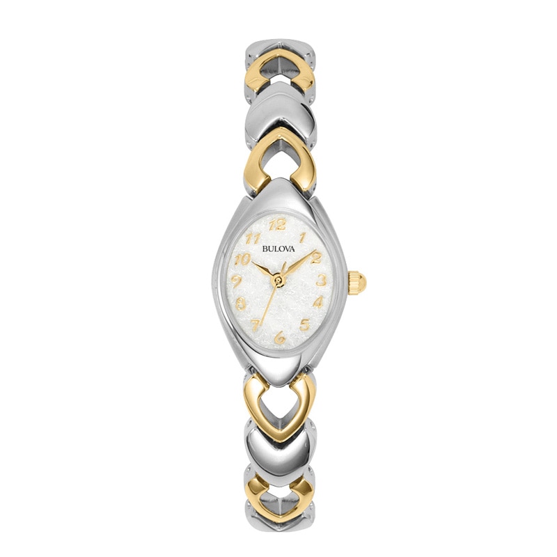 Ladies' Bulova Classic Two-Tone Bangle Watch with Oval White Dial (Model: 98V02)