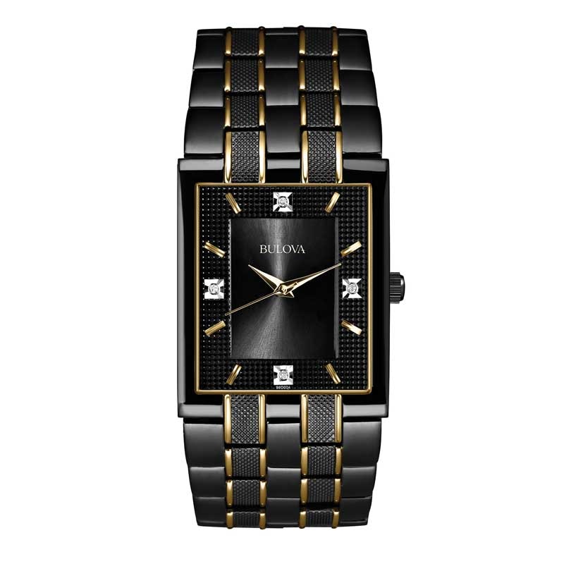 Men's Bulova Diamond Accent Two-Tone Watch with Rectangular Black Dial (Model: 98D004)|Peoples Jewellers