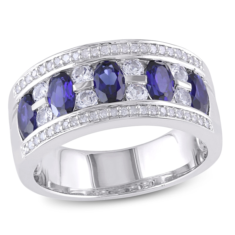 Oval Lab-Created Blue and White Sapphire with 0.13 CT. T.W. Diamond Ring in Sterling Silver