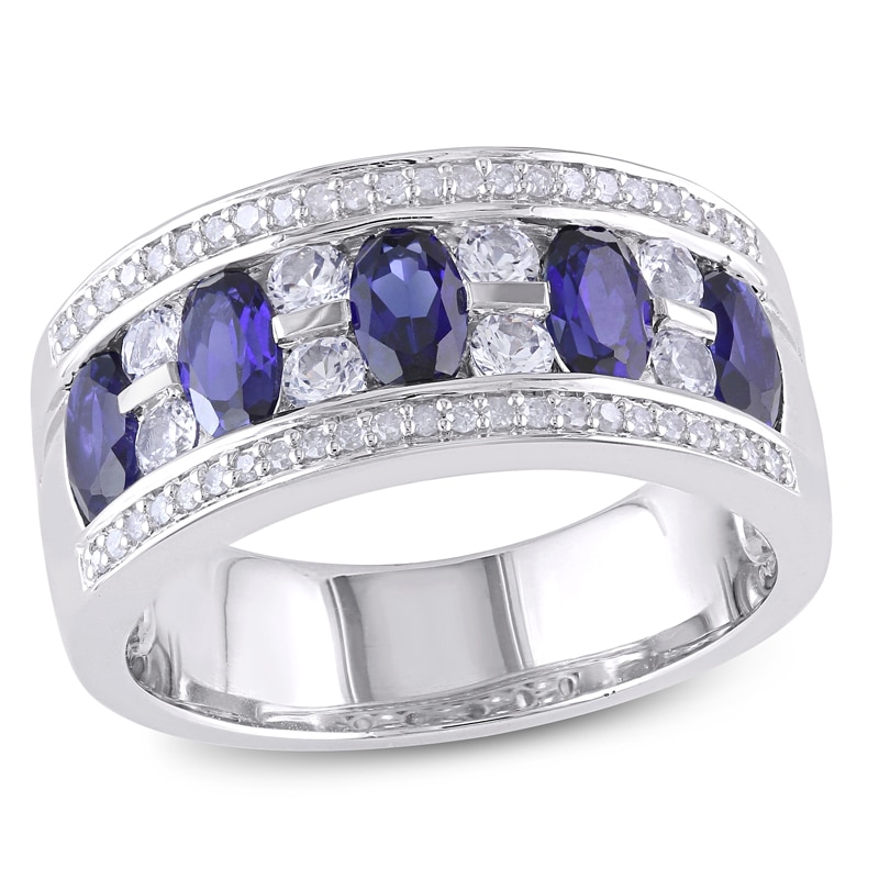 Oval Lab-Created Blue and White Sapphire with 0.13 CT. T.W. Diamond Ring in Sterling Silver|Peoples Jewellers