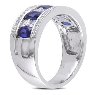 Oval Lab-Created Blue and White Sapphire with 0.13 CT. T.W. Diamond Ring in Sterling Silver