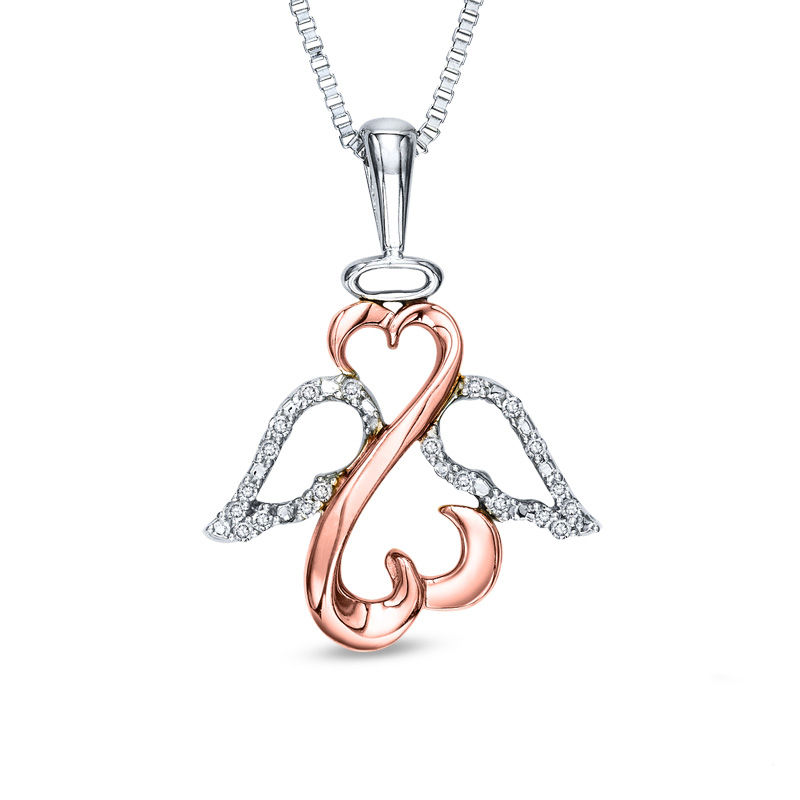Open Hearts by Jane Seymour™ 0.04 CT. T.W. Diamond Wings and Halo Pendant in Sterling Silver and 10K Rose Gold