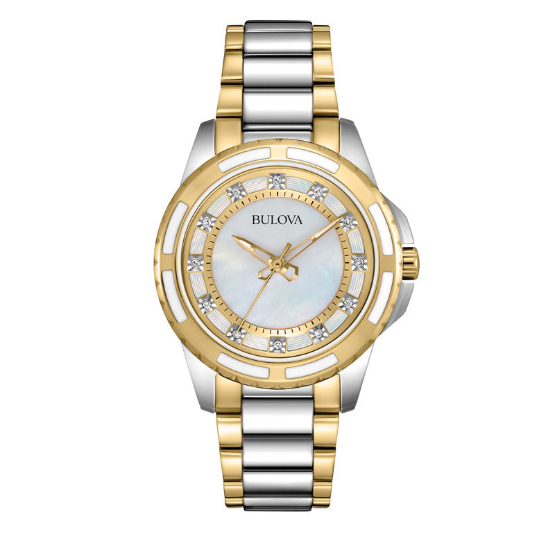 Ladies' Bulova Diamond Accent Two-Tone Watch with Mother-of-Pearl Dial (Model: 98P140)
