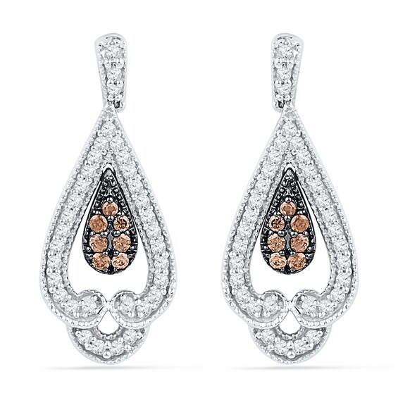 0.50 CT. T.W. Champagne and White Diamond Vintage-Style Teardrop Earrings in 10K White Gold