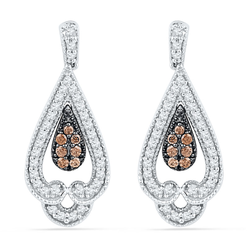 0.50 CT. T.W. Champagne and White Diamond Vintage-Style Teardrop Earrings in 10K White Gold