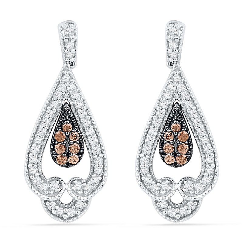 0.50 CT. T.W. Champagne and White Diamond Vintage-Style Teardrop Earrings in 10K White Gold