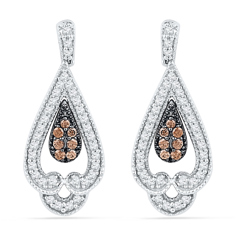 0.50 CT. T.W. Champagne and White Diamond Vintage-Style Teardrop Earrings in 10K White Gold