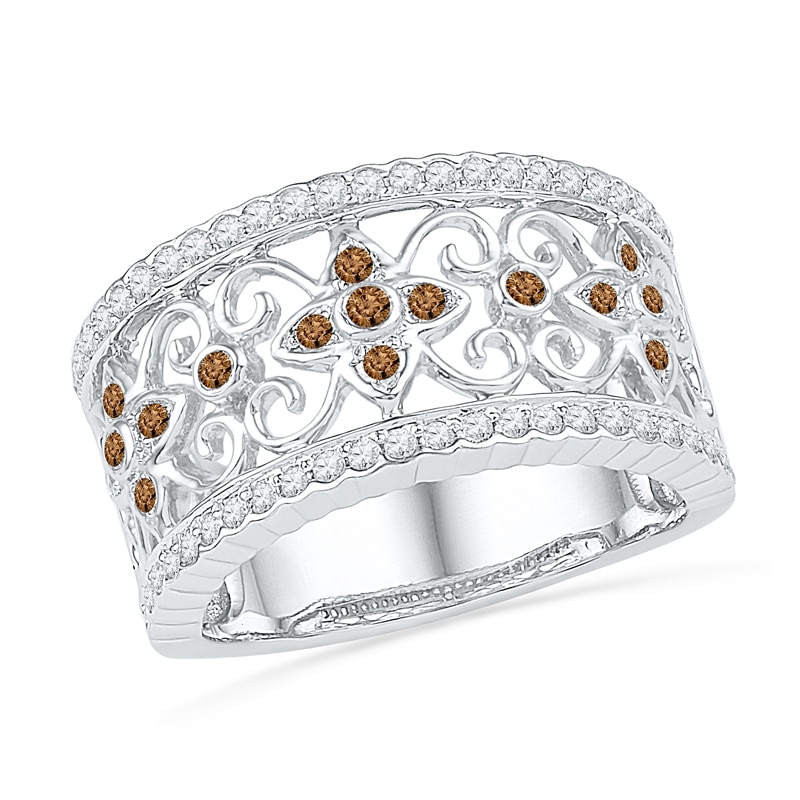 0.43 CT. T.W. Champagne and White Diamond Flower Scroll Band in 10K White Gold