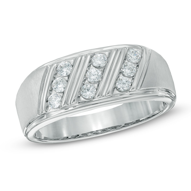 Men's 0.50 CT. T.W. Diamond Three Row Slant Wedding Band in 10K White Gold|Peoples Jewellers