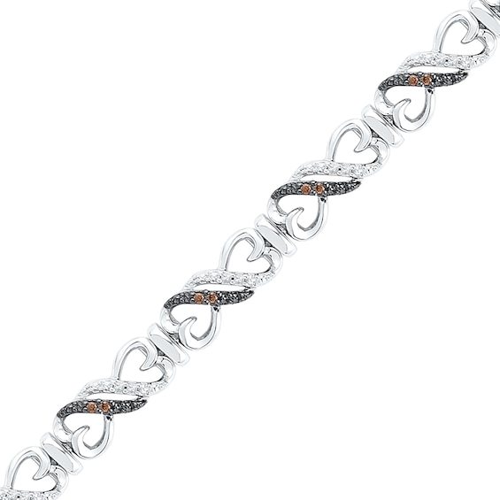 0.25 CT. T.W. Champagne and White Diamond Heart-Shaped Infinity Bracelet in Sterling Silver - 7.25"