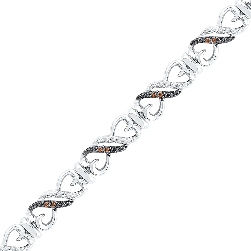 0.25 CT. T.W. Champagne and White Diamond Heart-Shaped Infinity Bracelet in Sterling Silver - 7.25"