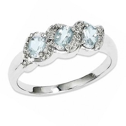 Oval Aquamarine and Diamond Accent Three Stone Ring in Sterling Silver - Size 7