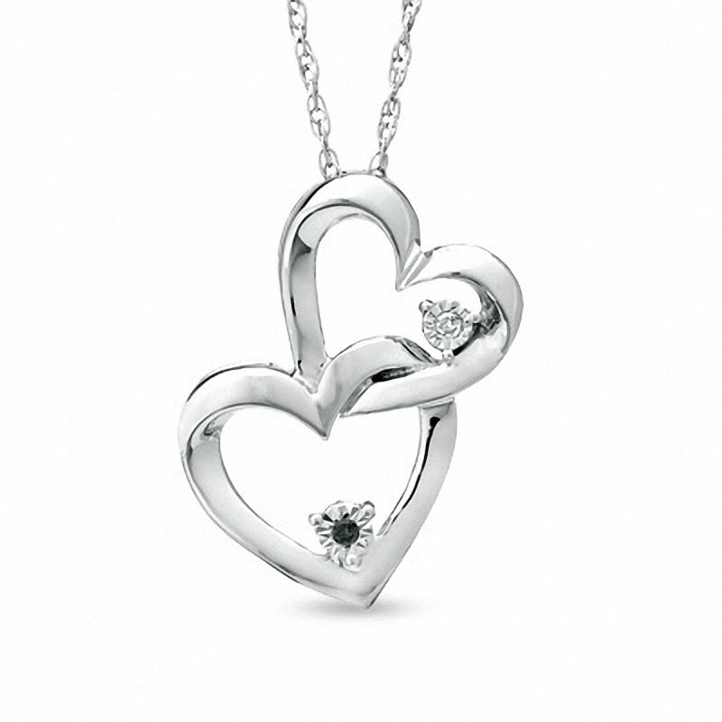 Black and White Diamond Accent Double Heart Drop Pendant in Sterling Silver