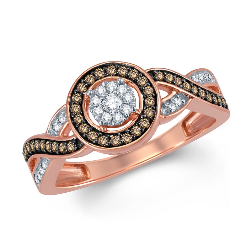 0.25 CT. T.W. Champagne and White Diamond Frame Cluster Twist Ring in 10K Rose Gold