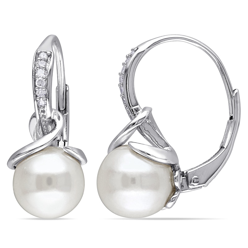 Main Image 1 of 8.0-8.5mm Freshwater Cultured Pearl and 0.06 CT. T.W. Diamond Drop Earrings in Sterling Silver