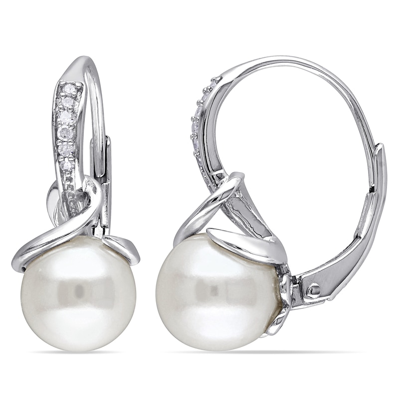 8.0 - 8.5mm Cultured Freshwater Pearl and 0.06 CT. T.W. Diamond Drop Earrings in Sterling Silver|Peoples Jewellers