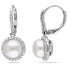 Thumbnail Image 0 of 8.0 - 8.5mm Button Cultured Freshwater Pearl and 0.19 CT. T.W. Drop Earrings in Sterling Silver