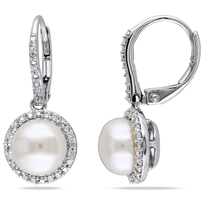 8.0 - 8.5mm Button Cultured Freshwater Pearl and 0.19 CT. T.W. Drop Earrings in Sterling Silver