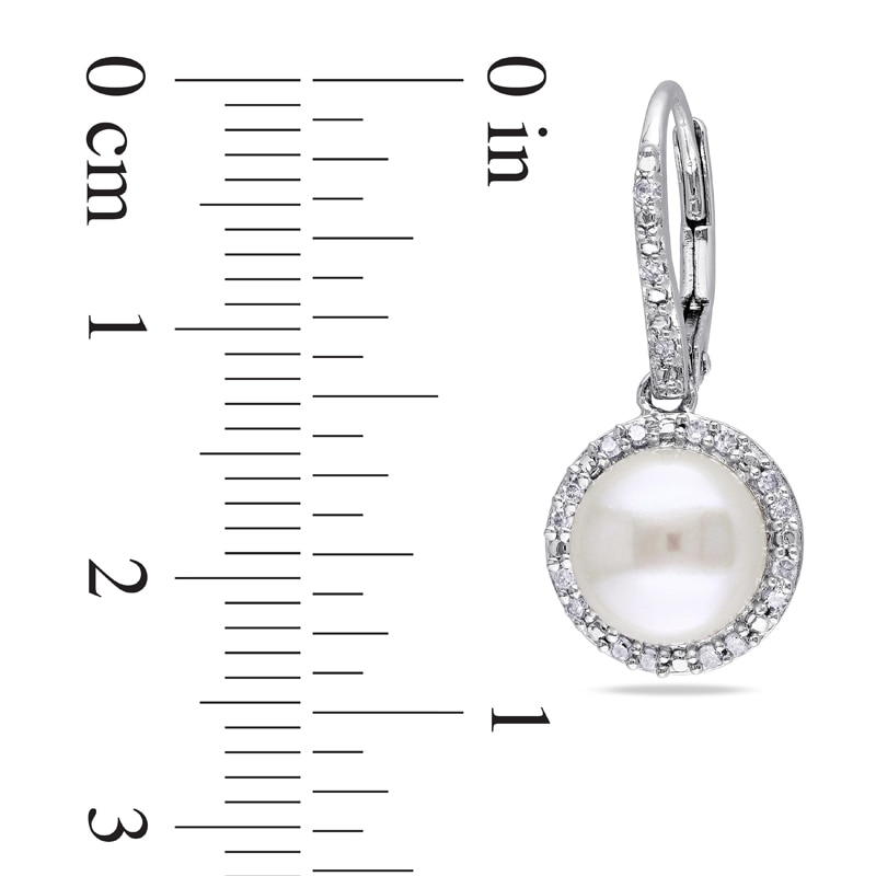 8.0 - 8.5mm Button Cultured Freshwater Pearl and 0.19 CT. T.W. Drop Earrings in Sterling Silver