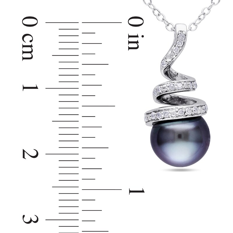 8.0-8.5mm Black Tahitian Cultured Pearl and 0.10 CT. T.W. Diamond Spiral Pendant in Sterling Silver