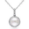 Thumbnail Image 0 of 8.0 - 8.5mm Button Cultured Freshwater Pearl and 0.10 CT. T.W. Diamond Frame Drop Pendant in Sterling Silver