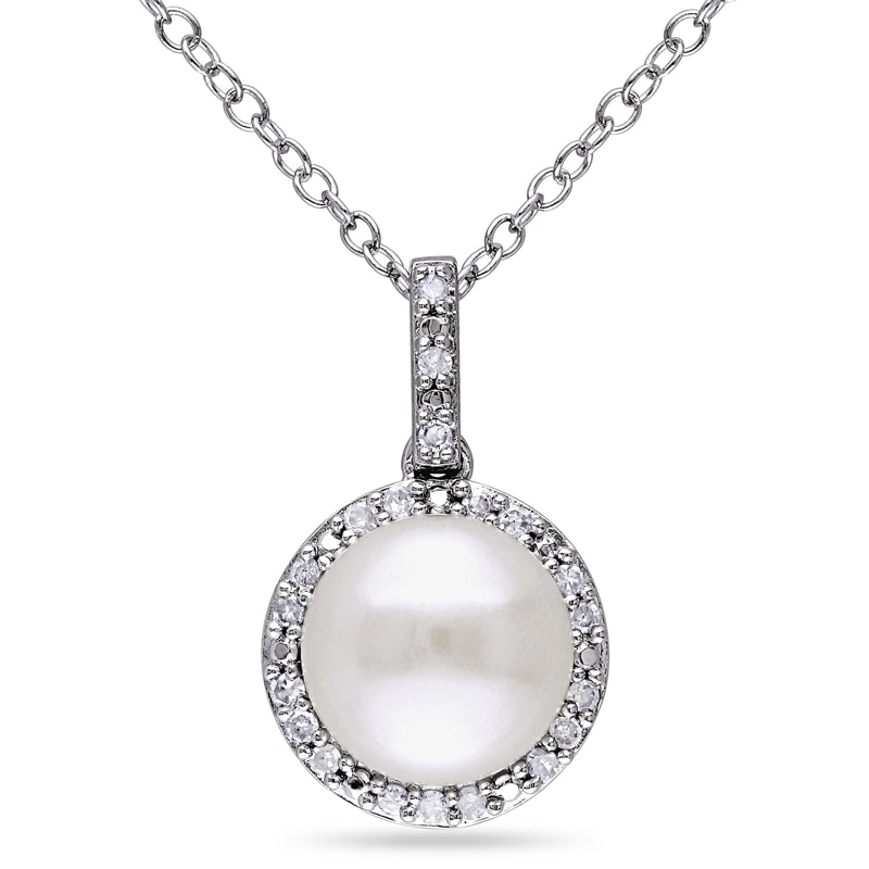 Main Image 1 of 8.0-8.5mm Button Freshwater Cultured Pearl and 0.10 CT. T.W. Diamond Frame Drop Pendant in Sterling Silver